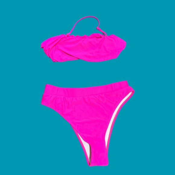 💗 Hot Pink High-Waisted Bandeau Bikini Set (Size L) - Picture 2 of 10
